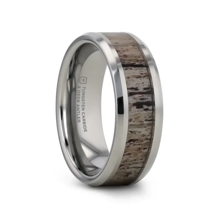 BUCK Polished Beveled Tungsten Carbide Men’s Wedding Band with Ombre Deer Antler Inlay – 6mm & 8mm