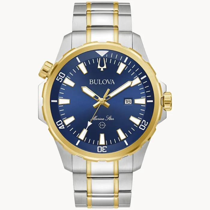 Bulova Marine Star Mens Watch with Blue Dial and Stainless Steel and Yellow Gold Toned Bracelet (quartz movement)