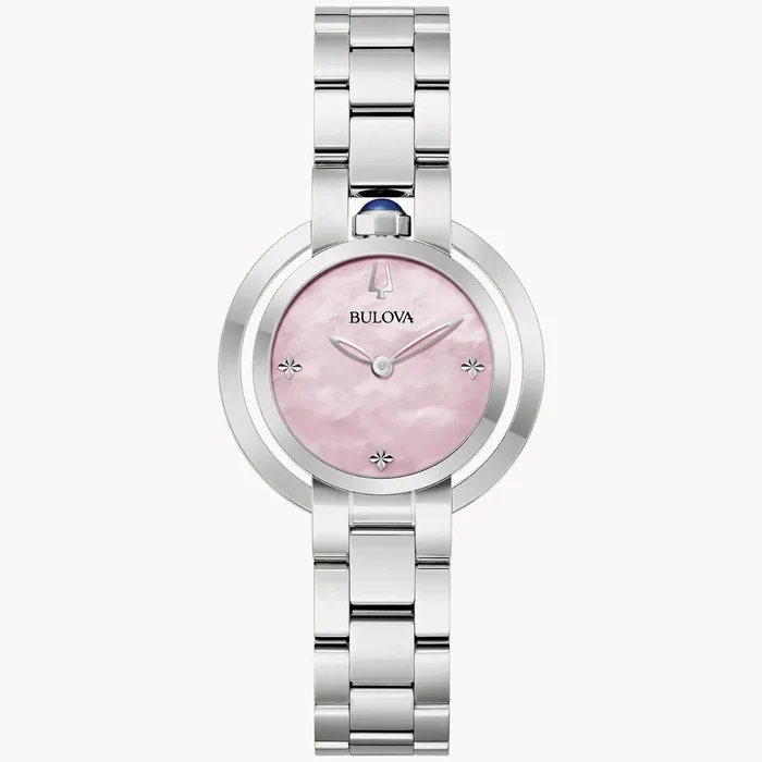 Bulova Rubaiyat Womens Watch with Pink Mother of Pearl Dial and Stainless Steel Bracelet (quartz movement)