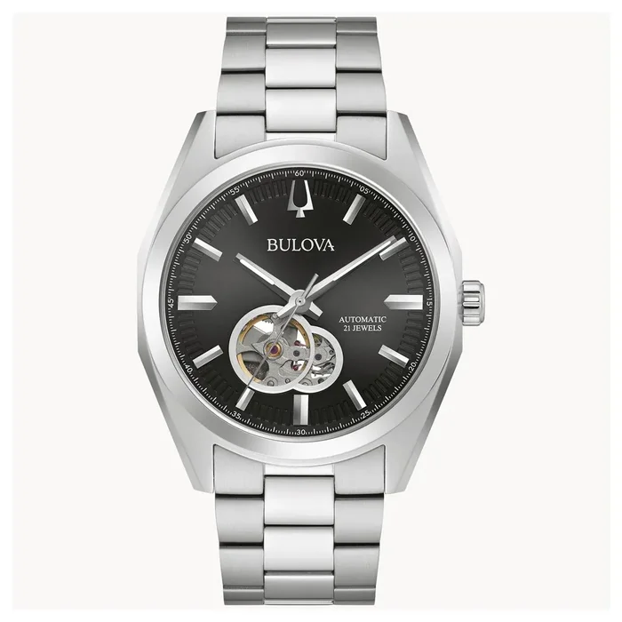 Bulova Surveyor Mens Watch with Black Dial and Stainless Steel Bracelet (automatic movement)