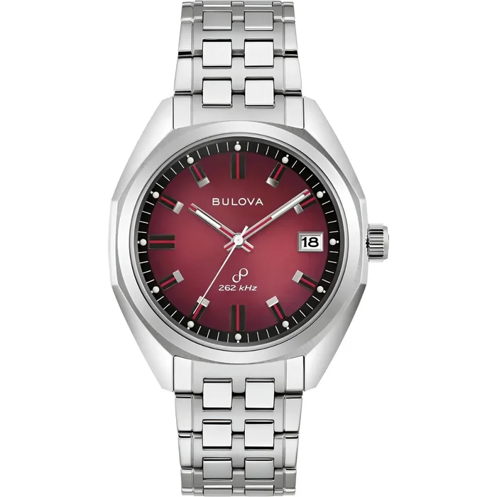 Bulova Unisex Watch – Jet Star Quartz with 262 kHz Red Dial Silver Bracelet | 96B401