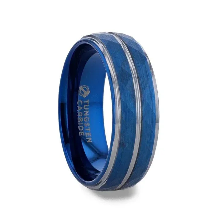 CARMEL Blue Ion Plated Tungsten Carbide Men’s Ring With Faceted Center And Stepped Edges – 8mm