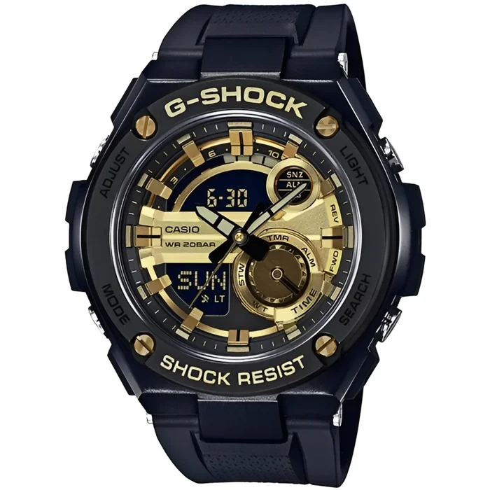 Casio Men’s Watch – G-Shock Gold and Black Ana-Digi Dial Resin Strap | GST210B-1A9
