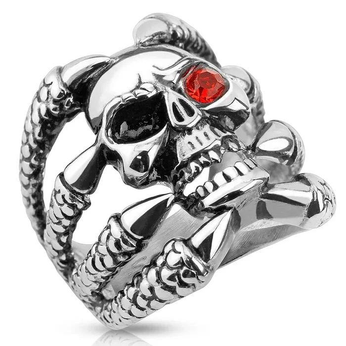 Cast Stainless Steel Biker Ring of a Red-Eyed Skull Grasped by Dragon Claws.