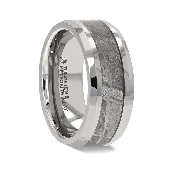 CELESTIAL Flat Tungsten Carbide Ring with Beveled Edges and Meteorite Inlay Thorsten – 8mm
