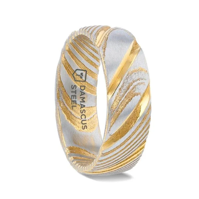 CERSEI Gold Color Domed Brushed Damascus Steel Men’s Wedding Band with Vivid Etched Design – 6mm & 8mm