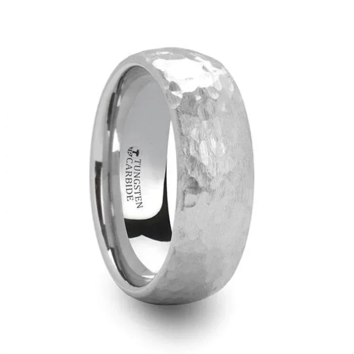 CHANDLER Domed Hammered Finish White Tungsten Ring – 6mm or 8mm