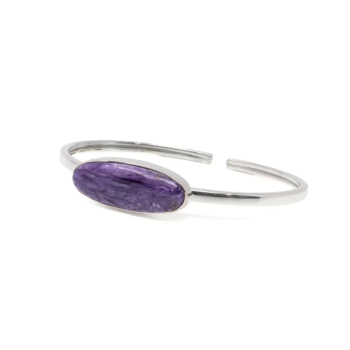 Charoite Twist Bracelet – East-west Set Elongated Oval With Silver Bezel