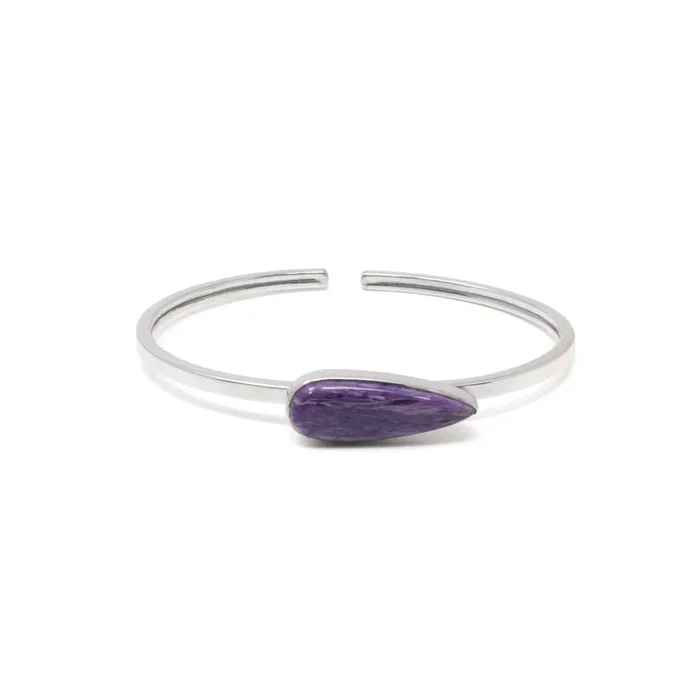 Charoite Twist Bracelet – Simple Narrow Pear Cabochon with Silver Bezel