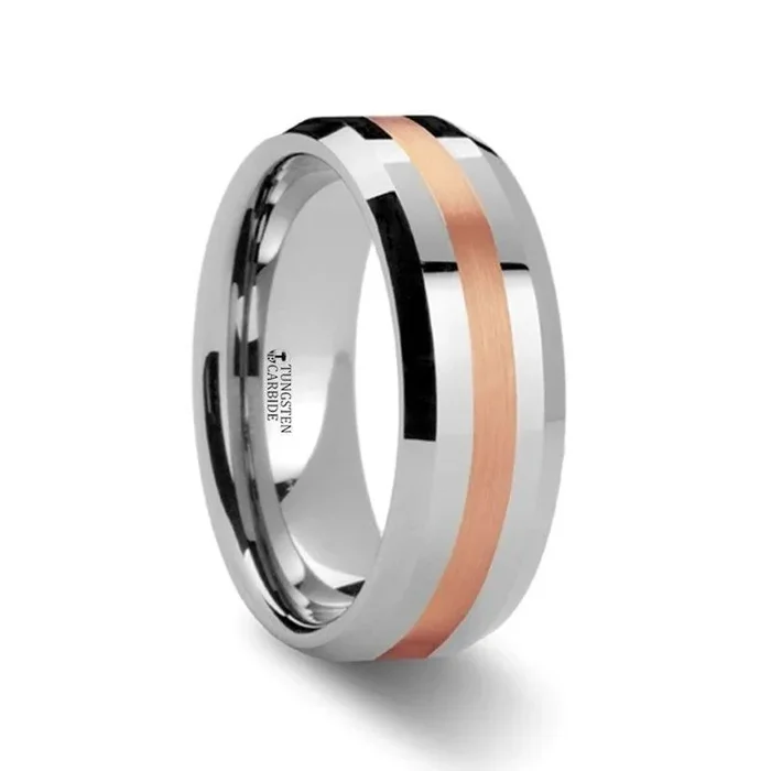 CHIRON Rose Gold Inlaid Beveled Tungsten Ring – 6mm & 8mm