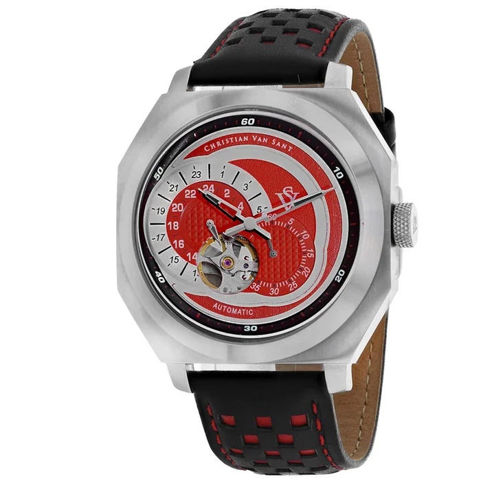 Christian Van Sant Men’s Watch – Machina Automatic Red Dial Leather Strap | CV0561