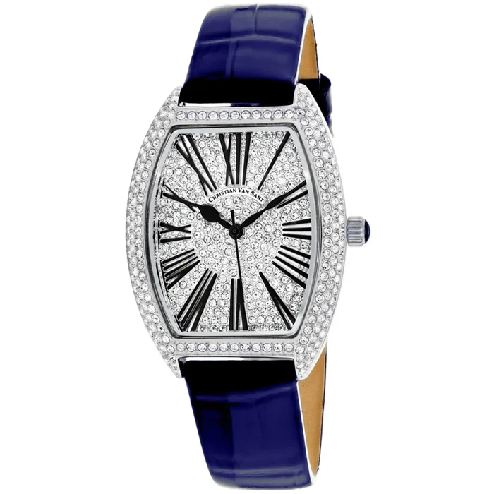 Christian Van Sant Women’s Watch – Chic Silver Tone Dial Blue Leather Strap | CV4841