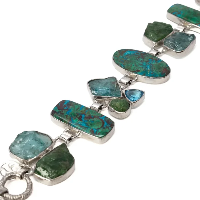 Chrysocolla Malachite Link Bracelet – 3 Geometric Cabochons With Rough Blue Apatite & Emerald Freeforms With Faceted Blue Topaz Set In Silver Bezels