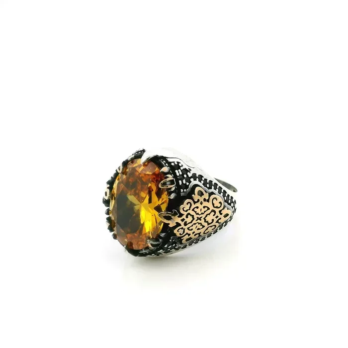 Citrine Ring – Faceted Oval in Designer Sawtooth Setting with Single Row Pave Black Nanostones in V-Pattern Down Band in 925 Sterling Silver with Ornate Gold Vermeil Accents sz11.5