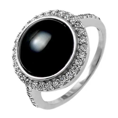 Classic Black Onyx Cabochon Ring with 0.68 Carat CZ Halo in Sterling Silver.