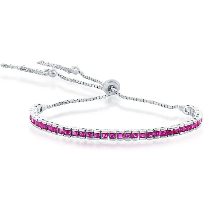 Classic Women’s Bracelet – Silver Tennis Channel-Set Ruby CZ Bolo Tassel | T-8056