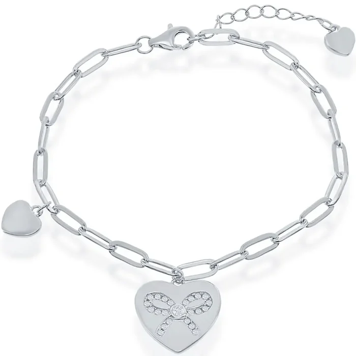 Classic Women’s Bracelet – Sterling Silver Heart with CZ Ribbon Paperclip | T-7888