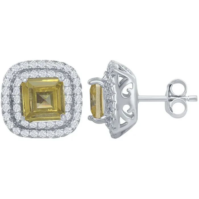 Classic Women’s Earrings – Double Border with Center Yellow CZ Square Stud | D-6768