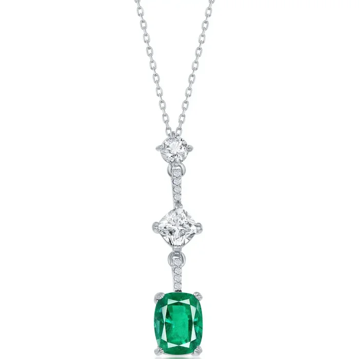 Classic Women’s Necklace – Sterling Silver White CZ and Cushion-Cut Emerald | M-6622