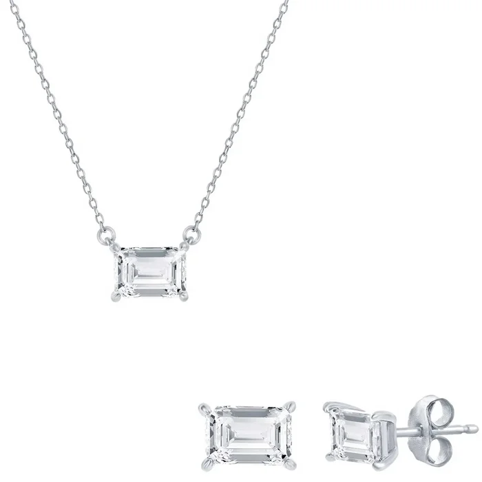 Classic Women’s Necklace and Earrings Set – Silver Solitaire Rectangle CZ | SET-610