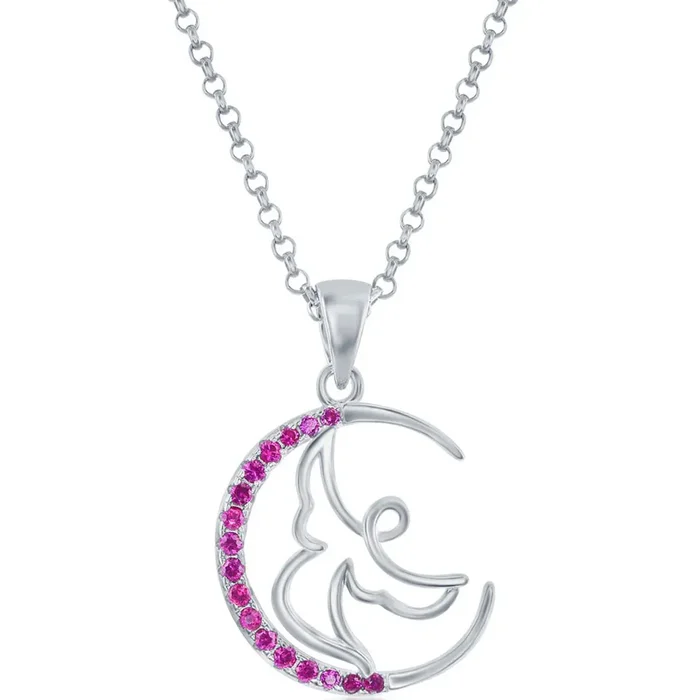 Classic Women’s Pendant – Sterling Silver Ruby CZ Angel Crescent Moon Design | K-8930