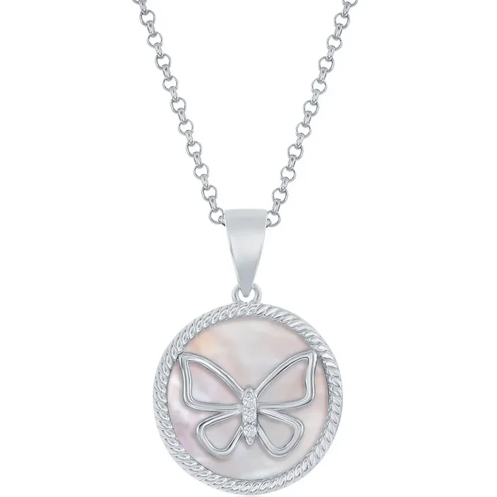 Classic Women’s Pendant – Sterling Silver White CZ Butterfly Round Pink MOP | K-8720