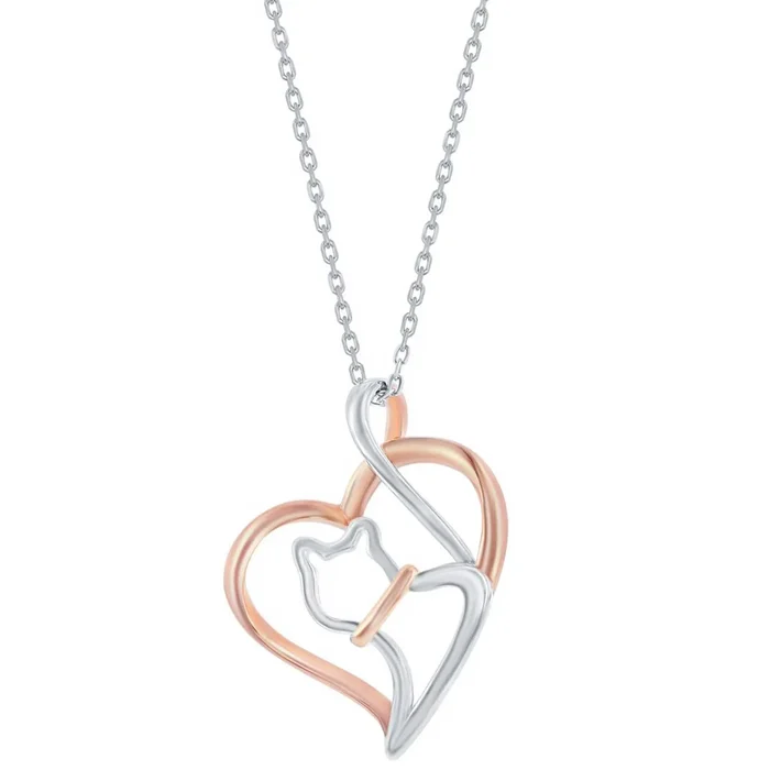 Classic Women’s Pendant – Two-Tone Sterling Silver and Rose Gold Heart Cat | J-2784