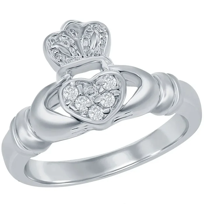Classic Women’s Ring – Sterling Silver Clear CZ Irish Claddagh, Size 5 | W-8010-5