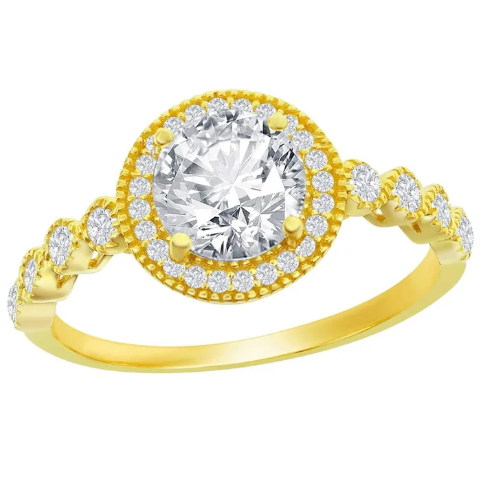 Classic Women’s YG Plated Round Pave Halo CZ Ring – W-2846
