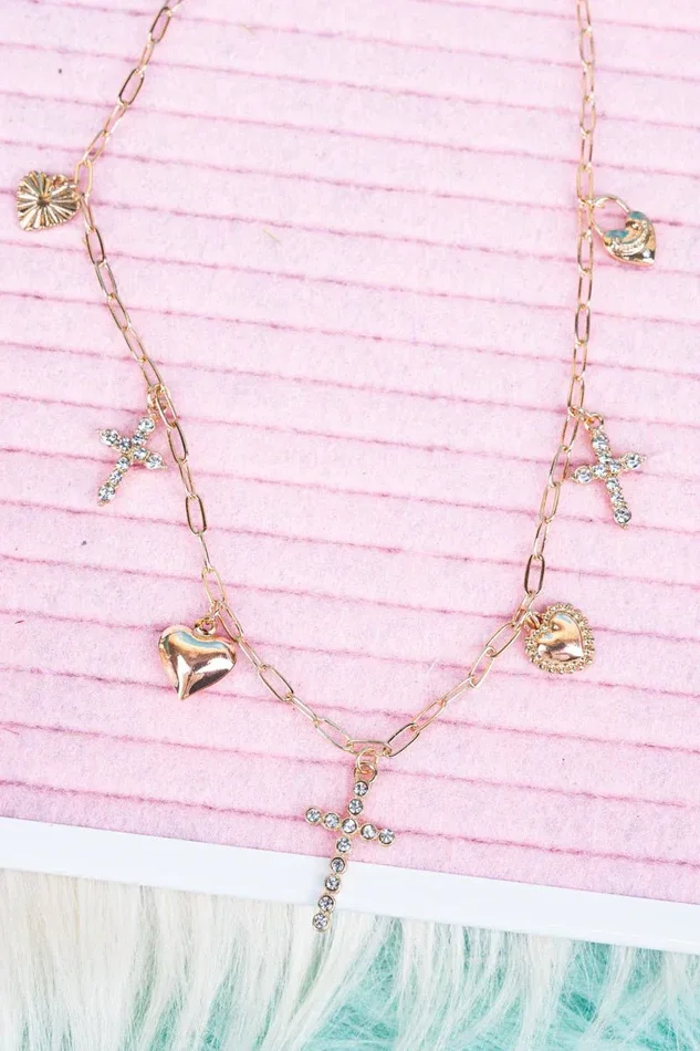 Crystal Avenue Cross My Heart Goldtone Charm Necklace
