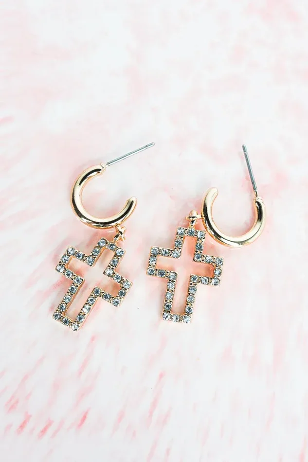 Crystal Avenue Crystal Goldtone Colette Cross Hoop Earrings