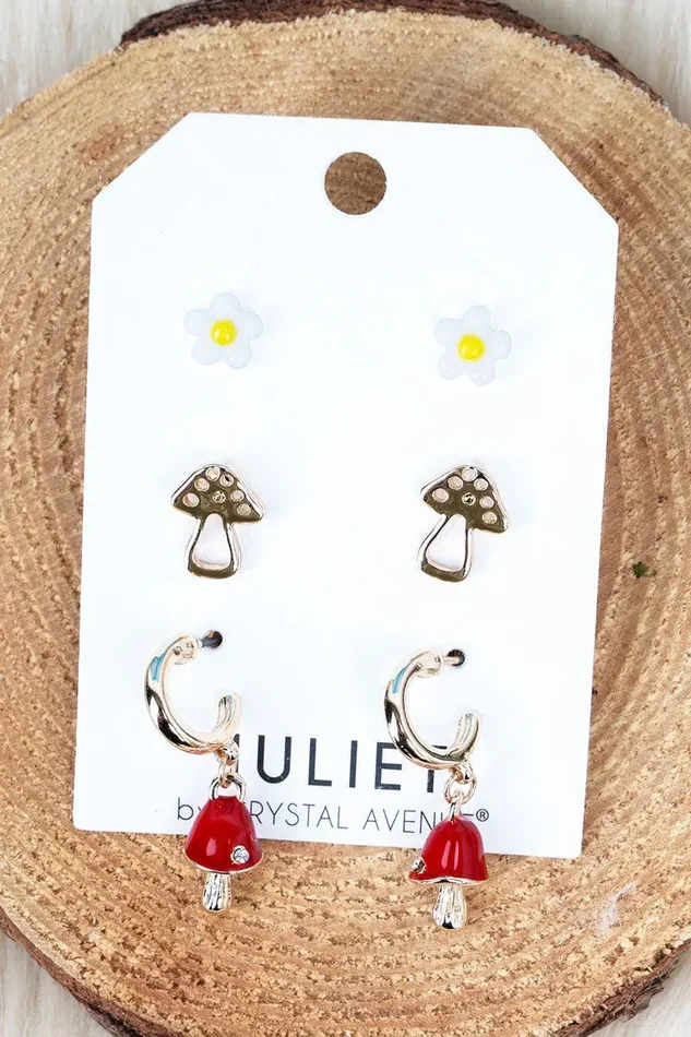 Crystal Avenue Mushroom Grove Goldtone Earrings 3 Pair Set