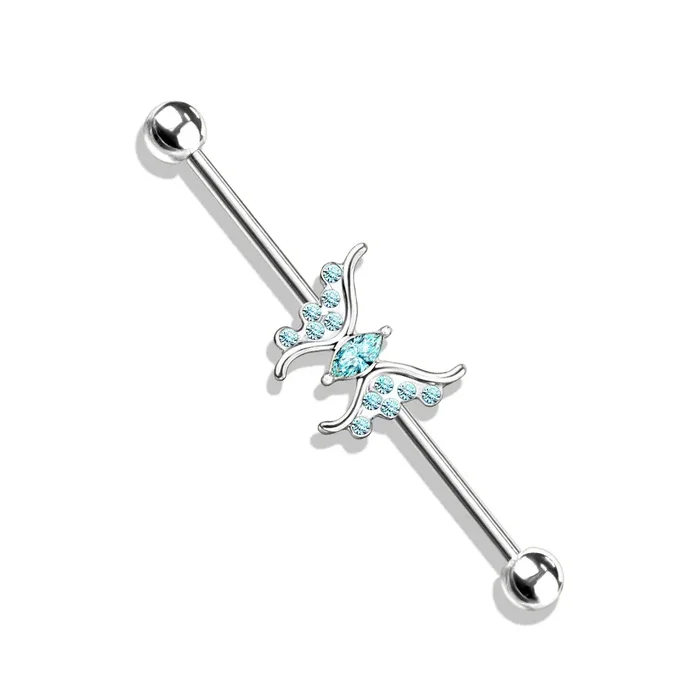 Crystal Paved Butterfly Industrial Barbell – Stainless Steel