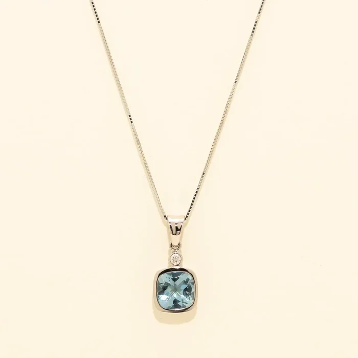 Cushion Aquamarine Necklace in 14kt White Gold with Diamond (.03)