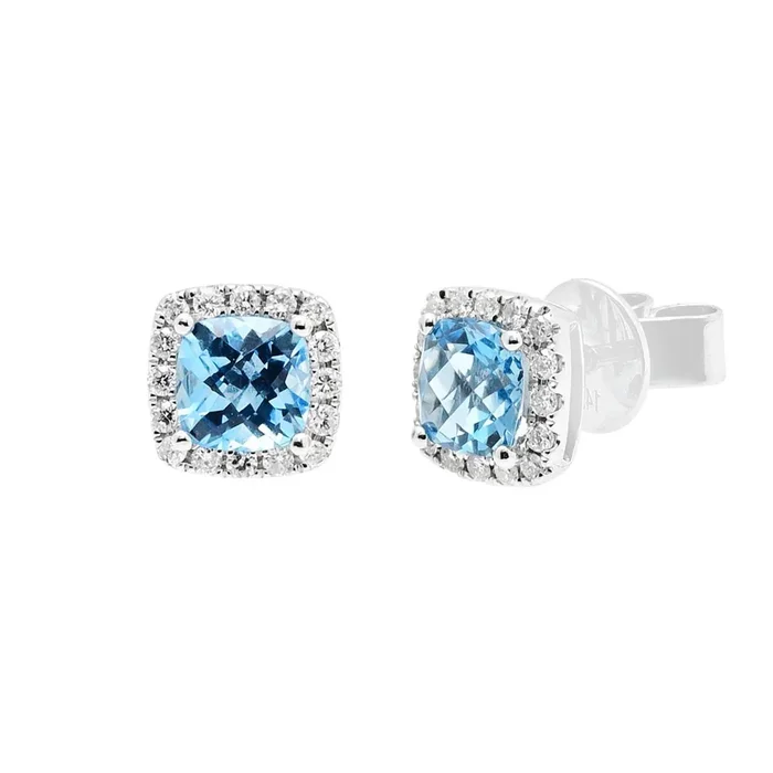 Cushion Blue Topaz Halo Stud Earrings in 14kt White Gold with Diamonds (1/5ct tw)