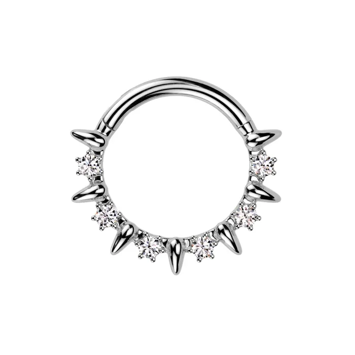 CZ Crystal and Tiny Spike Lined Hinged Segment Clicker Ring – 316L Stainless Steel