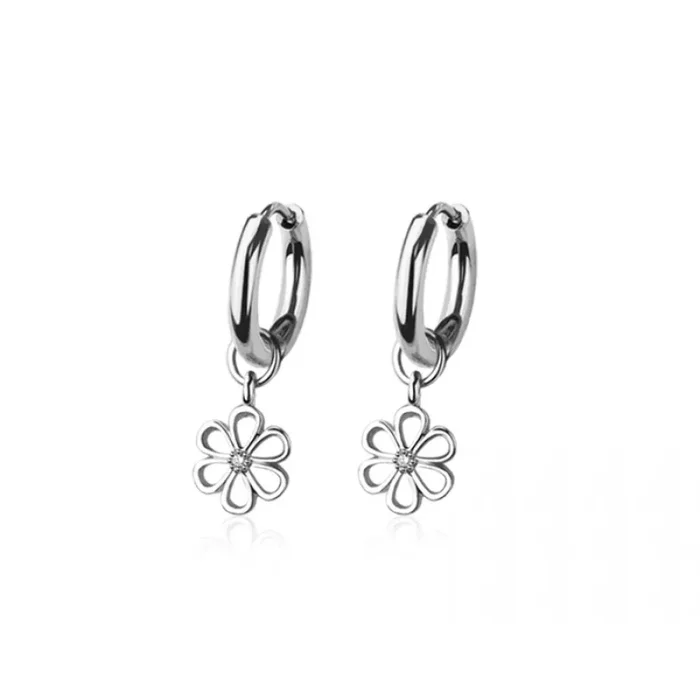 CZ Crystal Center Flower Outline Dangling Huggie Hoop Earrings – Pair – 316L Stainless Steel