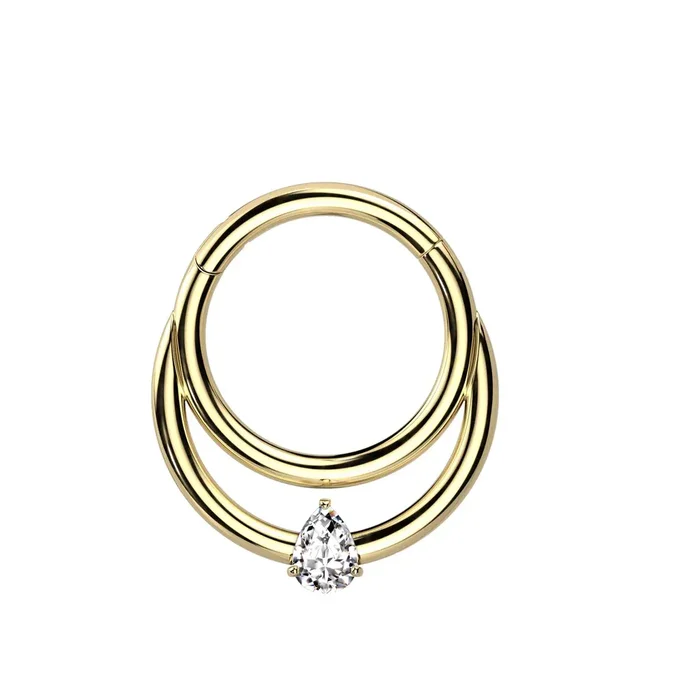 Double Hoop with CZ Crystal Teardrop Center Hinged Segment Ring – F136 Implant Grade Titanium