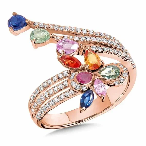 Dramatic Bypass Mixed Sapphire, Ruby & Diamond Cocktail Ring