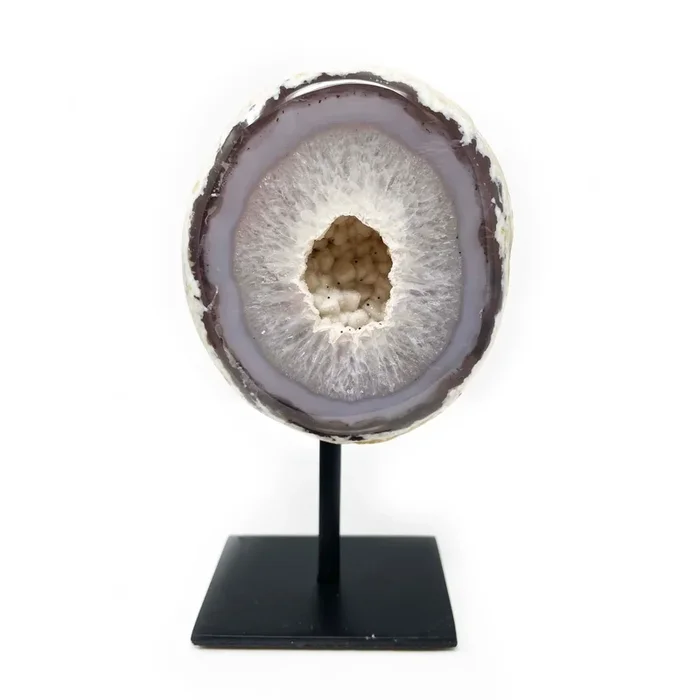 Druze Geode on Post Stand – White Agate with Gray Banding and Druze Center with Black Flakes