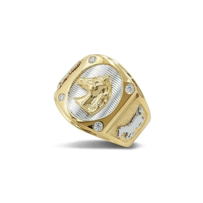Dual Tone Horse Shield Mens Ring in 14kt Gold