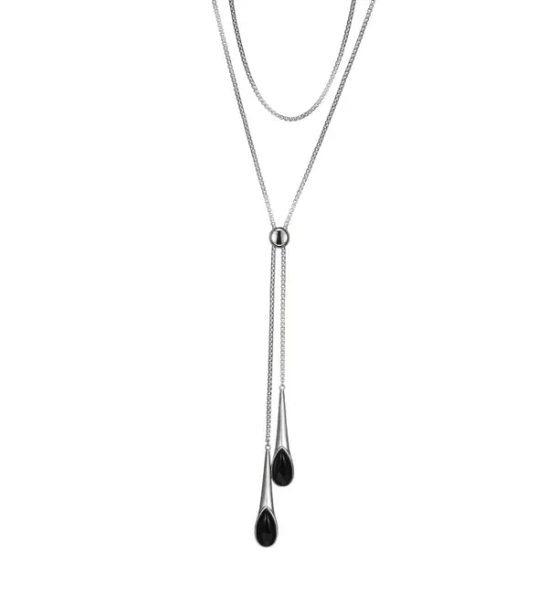 ELLE Sterling Silver “Ethereal Drops” Black Agate Double Drop 30″ Necklace (SI5128)