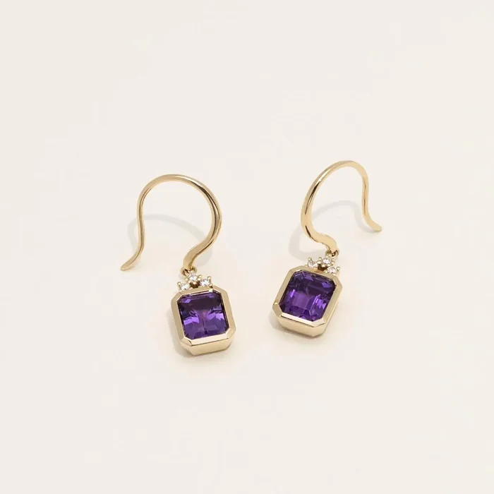 Emerald Cut Amethyst Drop Earrings in 14kt Yellow Gold with Diamonds (1/10ct tw)