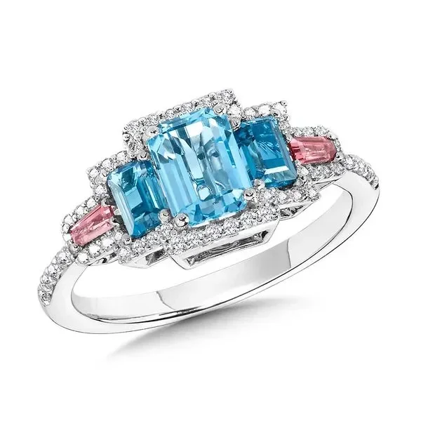 Emerald-Cut Swiss Blue Topaz & Baguette-Cut Pink Tourmaline Diamond Halo Cocktail Ring
