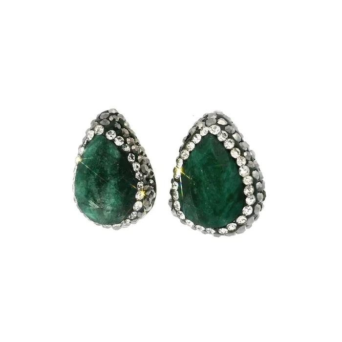 Emerald Stud Earrings – Faceted Pear with Marcasite & Silver Swarovski Crystals in 925 Sterling Silver