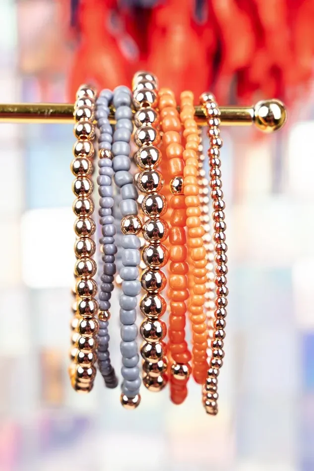 Expect Victory Orange and Gray Beaded Bracelet Set