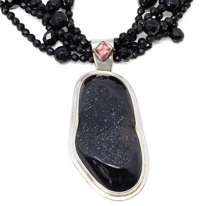 Faceted Black Onyx Beaded Necklace with Black Druze & Pink Tourmaline Pendant