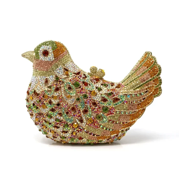 Fall Colors Bird Crystal Purse with Chain – Amber Eyes Gold Tone