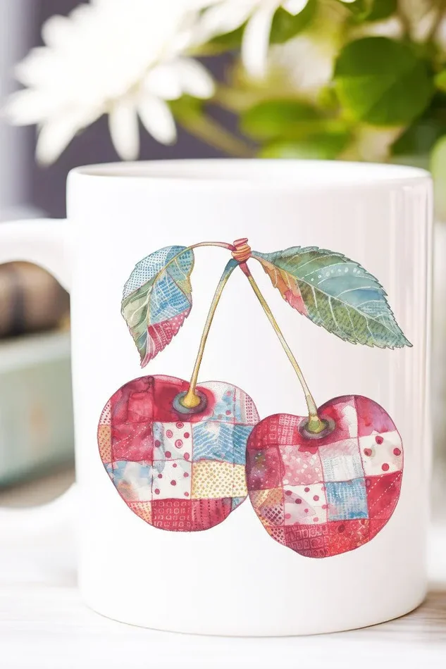 Faux Patchwork Cherries Ceramic Mug