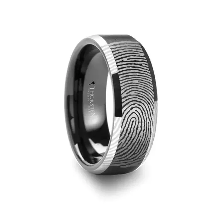Fingerprint Engraved Flat Black Tungsten Ring with Brushed Finish with Polished Beveled Edges – Aston – 4mm – 10mm